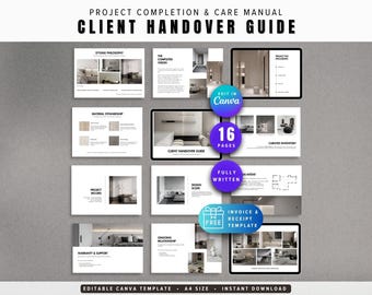 Interior Design Client Handover Guide | Project Completion Care Manual | Fully Editable Canva Template for Designers & Architects
