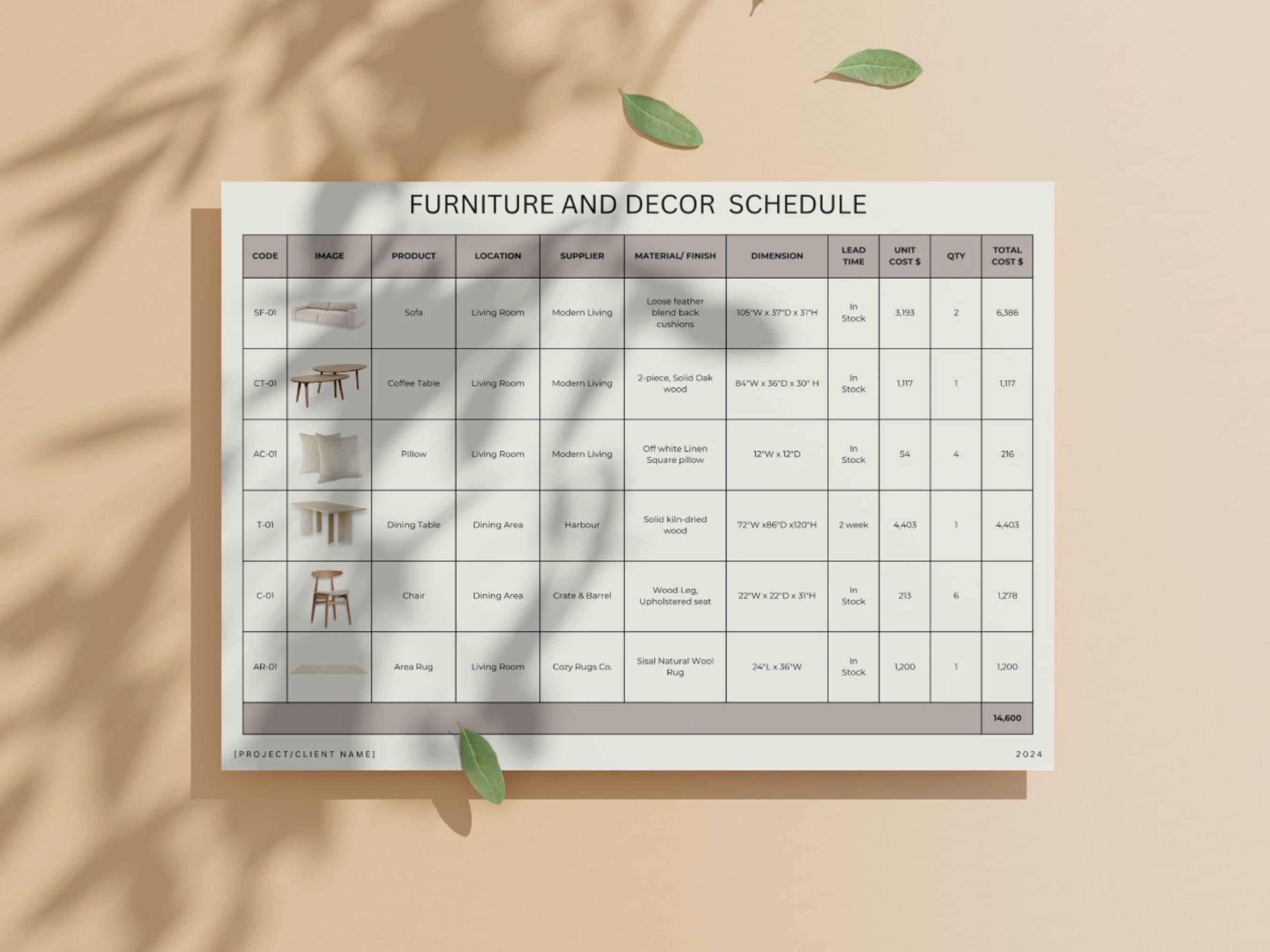 Ffe Schedule Example Interior Design FF&E Schedule Template, Furniture Fixtures Finishes ...