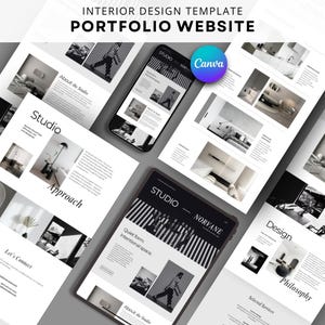 May include: A portfolio website template for interior design, shown on a tablet and smartphone. The design has a minimalist aesthetic with grayscale images and text. The Canva logo is visible. Text includes "Studio," "Design," and "Approach."