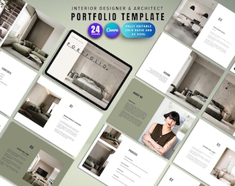 Plantilla de Canva para portafolio de diseño de interiores, presentación minimalista moderna.