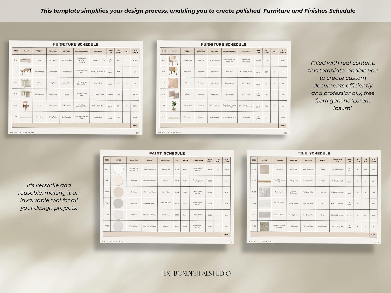 Interior Design FF&E Schedule Template | Canva Mood Board, Schedules ...