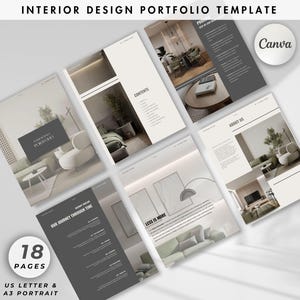 Modelo de portfólio de design de interiores, layout de retrato, design de portfólio mínimo e moderno, modelo Canva para designers de interiores e arquitetos