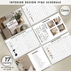 Plantilla FFE de diseño de interiores, tablero de estado de ánimo de acabados y materiales, plantilla de Canva para el cronograma de acabados y accesorios de muebles para diseñadores de interiores.