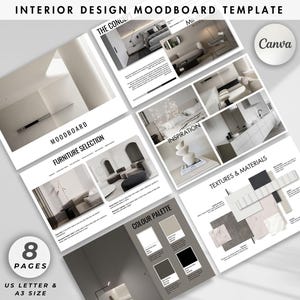 Plantilla de Moodboard de diseño de interiores, presentación de clientes, propuesta de proyecto de tablero conceptual, plantilla Canva para diseñadores de interiores y arquitectos