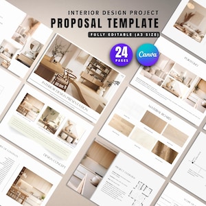 Może przedstawiać: Układ szablonu propozycji projektu wnętrz z tekstem "INTERIOR DESIGN PROJECT PROPOSAL TEMPLATE" i "FULLY EDITABLE (A3 SIZE)". Szablon zawiera strony z koncepcjami projektowymi, tablicami materiałów i przeglądami projektów. Szablon ma 24 strony i jest edytowalny w Canva.