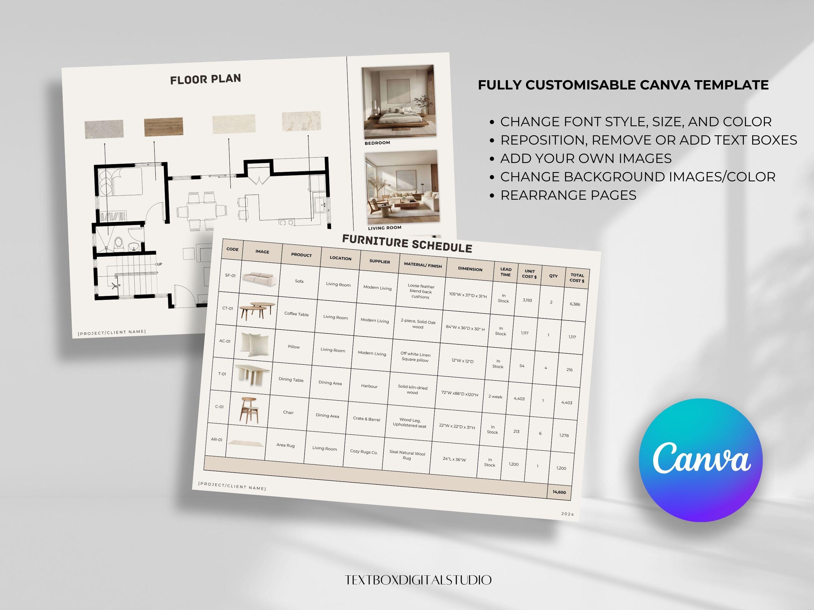 Interior Design FF&E Schedule Template | Canva Mood Board, Schedules ...