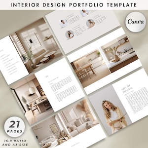May include: A portfolio template for interior design, featuring a layout of 21 pages with a 16:9 ratio and A3 size. The design includes images of interior spaces, text, and the Canva logo. The text includes "Interior Design Portfolio Template", "Meet the Principal", and "21 Pages".