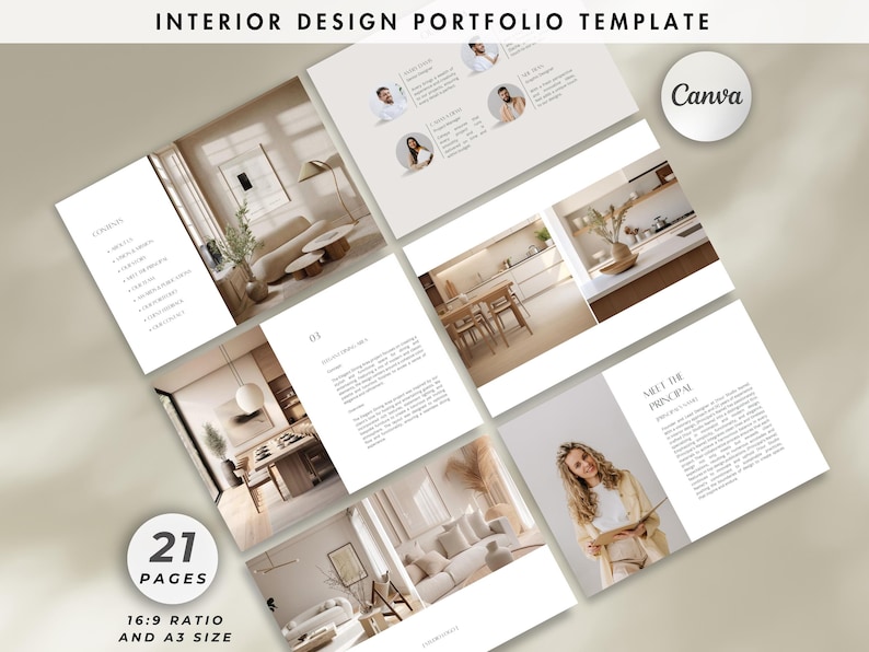 May include: A portfolio template for interior design, featuring a layout of 21 pages with a 16:9 ratio and A3 size. The design includes images of interior spaces, text, and the Canva logo. The text includes "Interior Design Portfolio Template", "Meet the Principal", and "21 Pages".