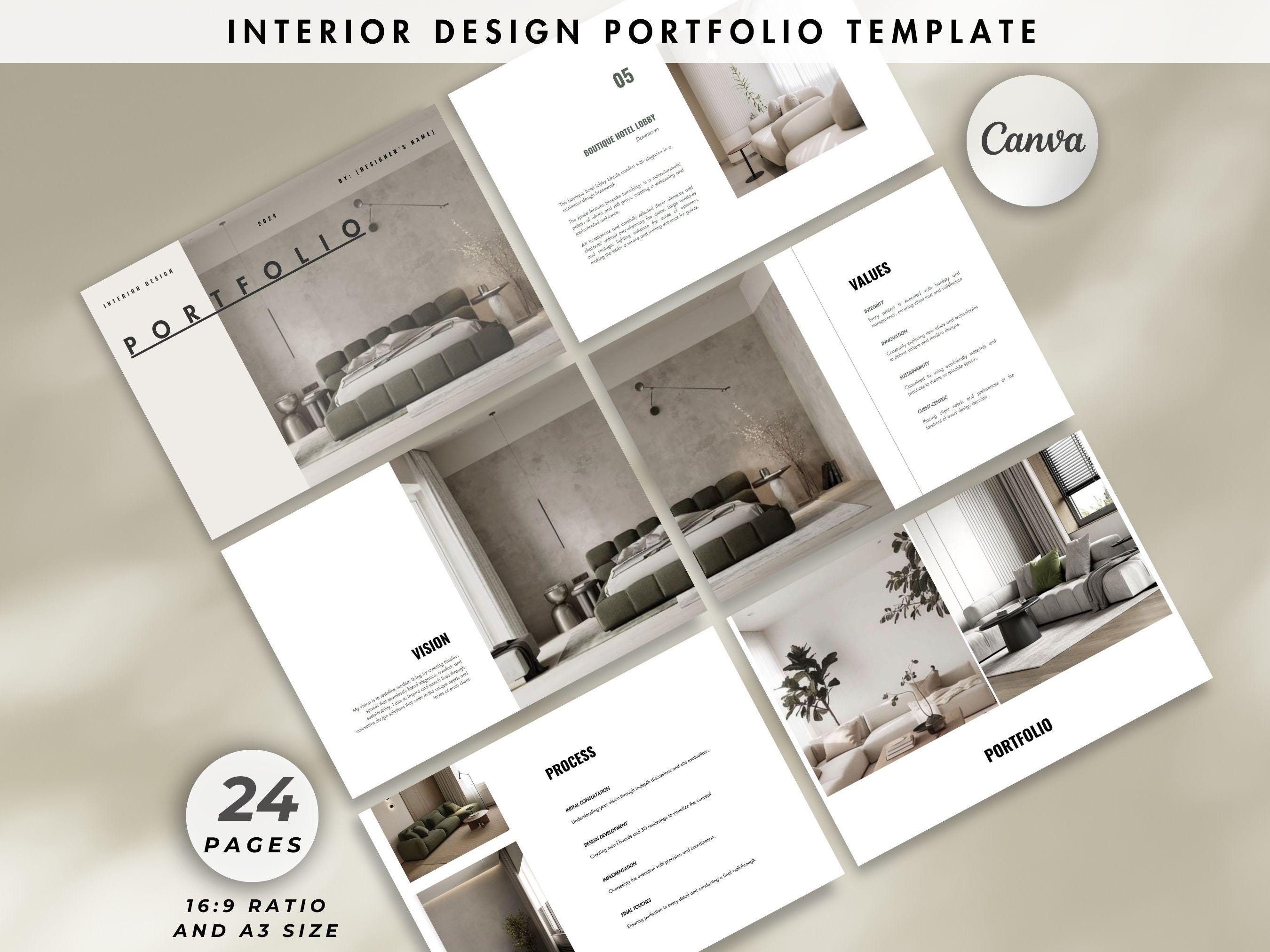 Interior Design Portfolio Layout, Marketingleitfaden, Kunden Präsentationsvorlage, Canva Vorlage für Innenarchitekten & Innenarchitekten