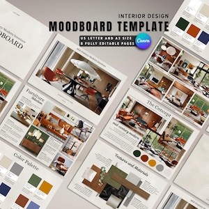 Interior Design Presentation Template, Mid-Century Modern Moodboard, Concept Board Proposal, Canva Presentation