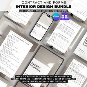 May include: An interior design bundle with various forms and contracts. The image features a tablet and smartphone displaying forms, surrounded by printed documents. Text includes "Contract and Forms," "Interior Design Bundle," and "Client Intake Form."