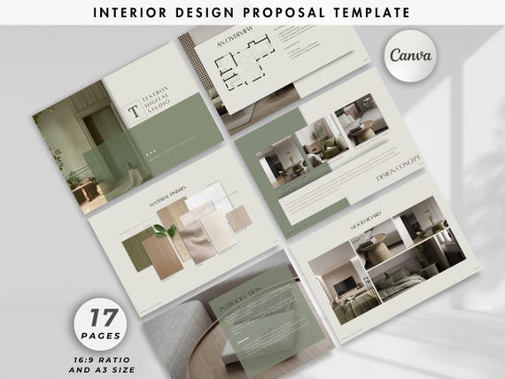 Interior Design Project Proposal, Mood Board Client Presentation Template, Professional Canva Template for Interior Designers & Architects
