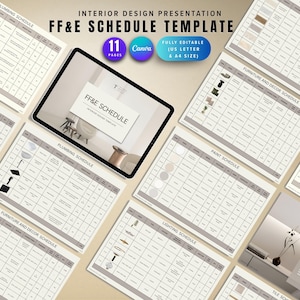 May include: An interior design presentation featuring an FF&E schedule template. The template includes sections for plumbing, lighting, flooring, and furniture. The design is fully editable and available in US Letter and A4 sizes. The presentation includes 11 pages and is compatible with Canva.