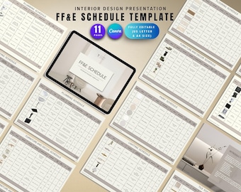 May include: An interior design presentation featuring an FF&E schedule template. The template includes sections for plumbing, lighting, flooring, and furniture. The design is fully editable and available in US Letter and A4 sizes. The presentation includes 11 pages and is compatible with Canva.