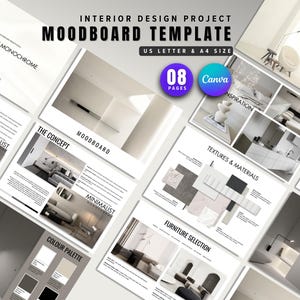 Plantilla de panel de inspiración para diseño de interiores / Presentación minimalista monocromática para el cliente / Tablero de diseño conceptual editable / Canva