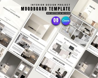 Interior Design Moodboard Template | Minimalist Monochrome Client Presentation | Editable Concept Design Board | Canva