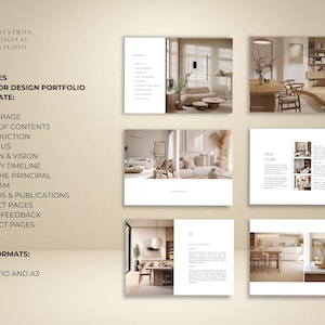 May include: A digital interior design portfolio template with 21 pages. The cover features the Textbox Digital Studio logo. The pages include a table of contents, introduction, about us, mission & vision, history timeline, and project pages. Size formats are 16:9 ratio and A3.