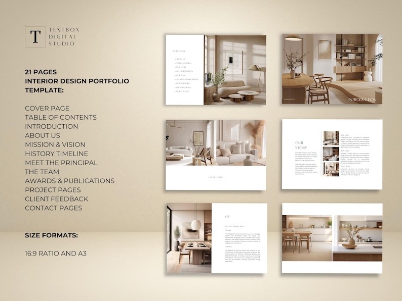 May include: A digital interior design portfolio template with 21 pages. The cover features the Textbox Digital Studio logo. The pages include a table of contents, introduction, about us, mission & vision, history timeline, and project pages. Size formats are 16:9 ratio and A3.