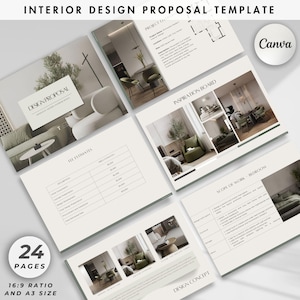 May include: A 24-page interior design proposal template in a minimalist style with a neutral color palette. The template includes sections for project details, inspiration board, scope of work, and design concepts. The template is designed for use with Canva.