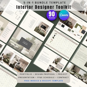 May include: A 5-in-1 bundle template for an interior designer toolkit featuring 90 pages compatible with Canva. The document includes a portfolio, design proposal, project presentation, FF&E schedule, contract, and free invoice and receipt templates.