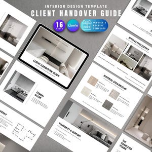 May include: An interior design client handover guide template featuring 16 pages, including sections for project records, design intent, material stewardship, and warranty support, with a Canva logo and a free invoice and receipt template icon.