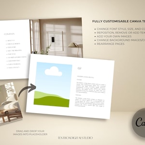May include: A fully customizable Canva template with a modern design. The image shows a presentation with a contents page, a page with a blue sky and green hills graphic, and a Canva logo. Text includes "Drag and drop your images into placeholder."