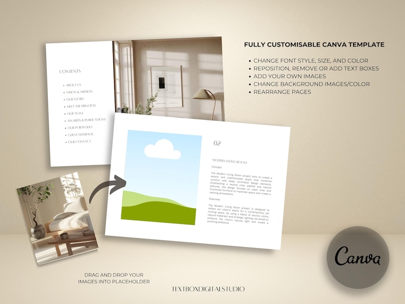 May include: A fully customizable Canva template with a modern design. The image shows a presentation with a contents page, a page with a blue sky and green hills graphic, and a Canva logo. Text includes "Drag and drop your images into placeholder."