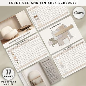 Interior Design FFE Schedule, Furniture & Finishes Schedule, Moodboard Client Presentation, Canva Template for Interior Designer - Architect