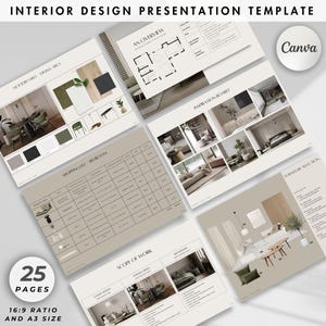 Presentación de diseño de interiores, tablero de ideas para presentación de proyectos, plantilla de presentación para clientes, plantilla minimalista de Canva para diseñadores de interiores