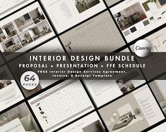 3-in-1 Interior Design Bundle | Proposal, Client Presentation and FFE Schedule | 64-Page Canva Templates | FREE Contract Agreement & Invoice