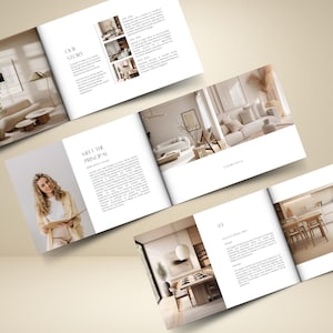 May include: A layout of open magazines with interior design images and text. The pages showcase living rooms, kitchens, and a portrait of a woman. The color palette is neutral with beige and white tones, creating a modern and elegant aesthetic.