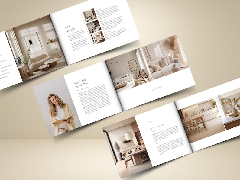 May include: A layout of open magazines with interior design images and text. The pages showcase living rooms, kitchens, and a portrait of a woman. The color palette is neutral with beige and white tones, creating a modern and elegant aesthetic.