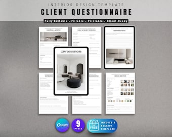 Interior Design Client Questionnaire | Client Intake Form | Editable PDF Form, Printable, Client Onboarding | Fully Editable Canva Template