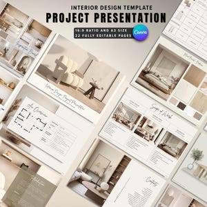 Może przedstawiać: Zestaw szablonów prezentacji projektów wnętrz. Strony zawierają obrazy nowoczesnych projektów wnętrz, rzutów i moodboardów. Tekst zawiera "Interior Design Template", "Project Presentation" i "Canva".