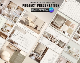 Interior Design Canva Presentation Template, Warm Neutrals Modern Moodboard Concept Proposal, Shopping List, Materials & Furniture Selection