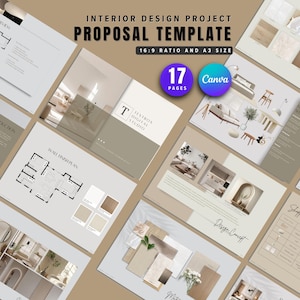 May include: A proposal template for interior design projects. The design includes 17 pages and is in a 16:9 ratio and A3 size. The template includes floor plans, furniture selections, and design concepts. The Canva logo is also visible.