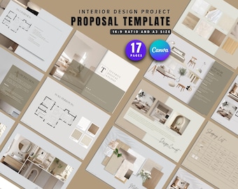 Interior Design Proposal Template, Canva Presentation Board (17 Pages)