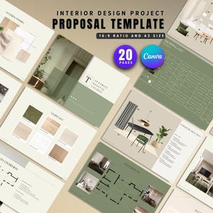 Mall för inredningsförslag, minimalistisk olivfärgad presentation, kundprojektpresentation, arkitekturpresentation, redigerbar Canva-mall