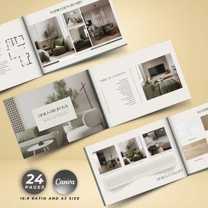 Szablon propozycji aranżacji wnętrz, nowoczesna prezentacja dla klienta, w pełni edytowalny w Canva (do pobrania cyfrowego)