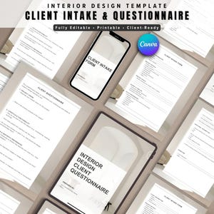 Può includere: Un modello di interior design con il testo "Client Intake & Questionnaire". L'immagine mostra più fogli di carta bianchi con testo, uno smartphone e un tablet. Il testo sullo smartphone recita "Client Intake Form".