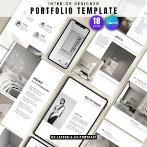 Pode incluir: Um modelo de portfólio para designers de interiores. O design apresenta um layout limpo e minimalista com texto preto sobre fundo branco. O modelo inclui maquetes de smartphones e tablets, com o texto "PORTFOLIO TEMPLATE" e "18 PAGES".