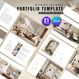 Könnte beinhalten: Ein Portfolio-Template für Innenarchitekten. Es zeigt den Text "Interior Designer Portfolio Template", 21 Seiten und ist für ein 16:9-Format und A3-Größe konzipiert. Das Canva-Logo ist ebenfalls sichtbar. Das Template zeigt Bilder von Innenarchitektur.