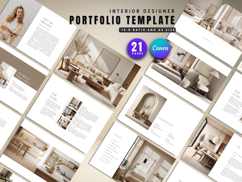 May include: A portfolio template for interior designers. The cover features a woman and the text "Interior Designer Portfolio Template". The template includes 21 pages and is designed for a 16:9 ratio and A3 size. The Canva logo is also visible.