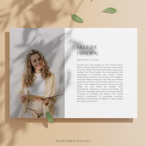 May include: A professional headshot of a woman with blonde curly hair, wearing a white top and a light yellow jacket, holding a clipboard. The text "MEET THE PRINCIPAL" and other text is visible on a white background.