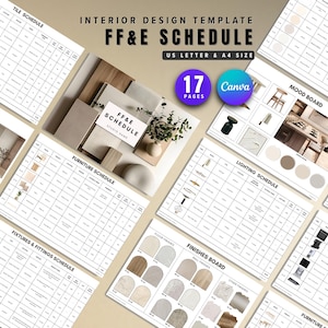 Op de afbeelding: Een interieurontwerpsjabloon getiteld "FF&E Schedule" met meerdere pagina's. De pagina's bevatten schema's voor tegels, moodboards, meubels, armaturen, verlichting, apparaten en afwerkingen. De sjabloon is US Letter en A4 formaat, met 17 pagina's en Canva compatibiliteit.