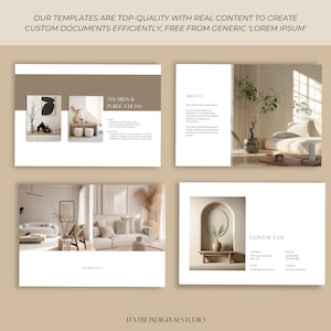 May include: A digital template showcasing a modern design with four layout examples. The layouts include text and images, with the text "OUR TEMPLATES ARE TOP-QUALITY WITH REAL CONTENT TO CREATE CUSTOM DOCUMENTS EFFICIENTLY, FREE FROM GENERIC 'LOREM IPSUM'" at the top.