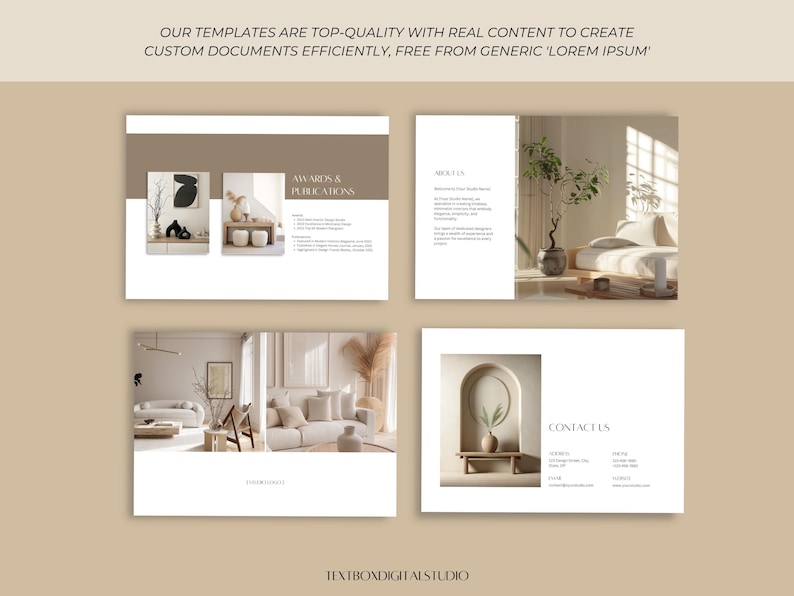 May include: A digital template showcasing a modern design with four layout examples. The layouts include text and images, with the text "OUR TEMPLATES ARE TOP-QUALITY WITH REAL CONTENT TO CREATE CUSTOM DOCUMENTS EFFICIENTLY, FREE FROM GENERIC 'LOREM IPSUM'" at the top.