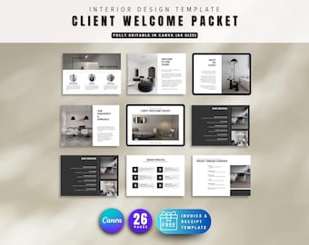 Interior Design Client Welcome Packet | Client Onboarding Kit | Proposal Guide, Portfolio, Pricing & Process | Editable Canva Template