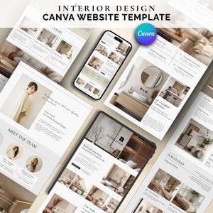 May include: A digital mockup of a website template for interior design, displayed on a tablet and smartphone. The design features a clean, modern aesthetic with images of interior spaces and the text "INTERIOR DESIGN CANVA WEBSITE TEMPLATE".