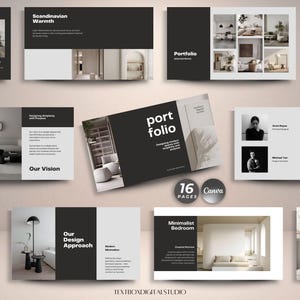May include: A portfolio presentation with a minimalist design. The cover features the title "port folio" in white text on a black background. The presentation includes interior design concepts, team information, and a "16 Pages" and "Canva" logo.